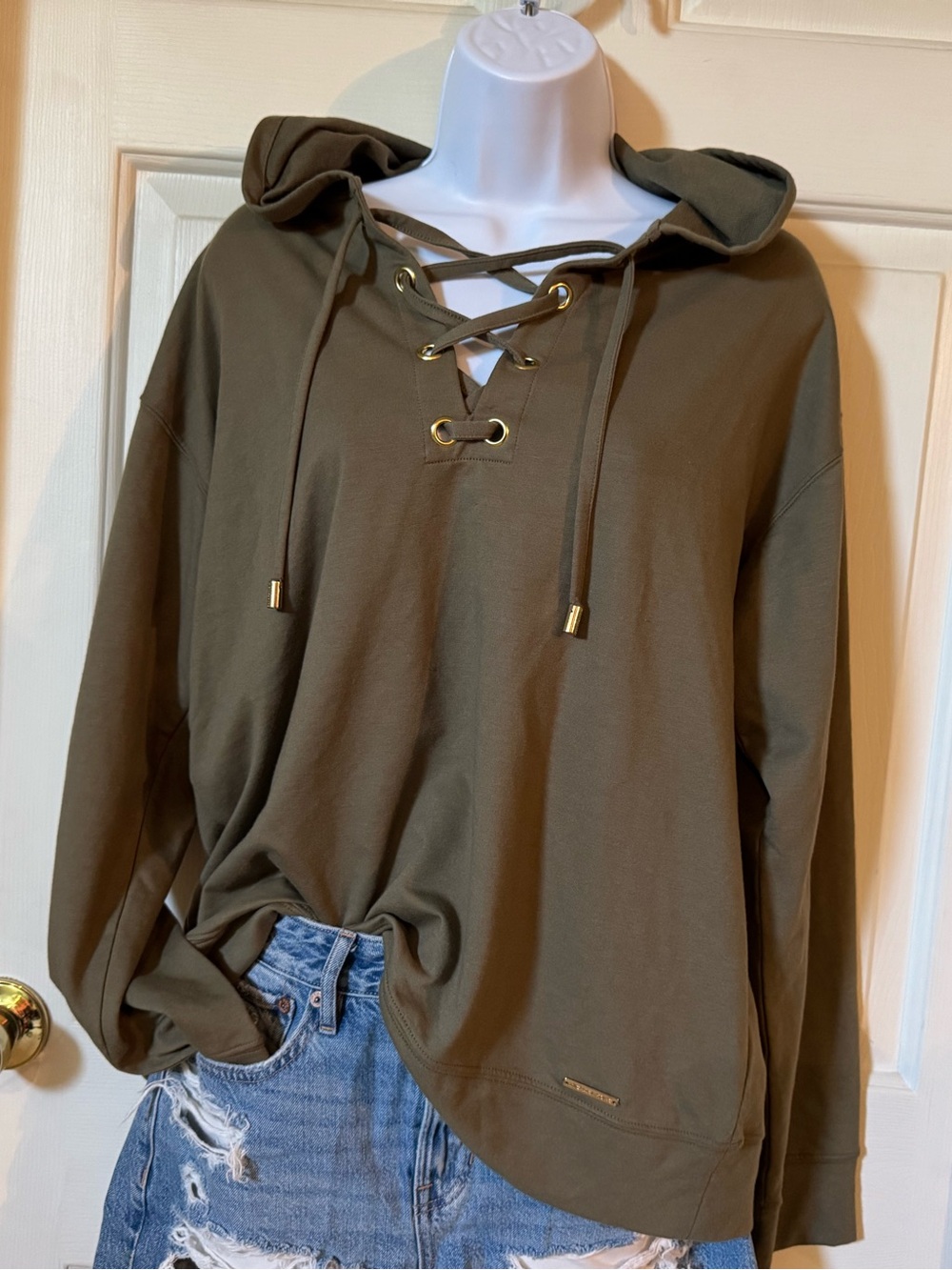 NWT Michael Kors Safari Green Lace-Up Pullover Hoodie Top Size L